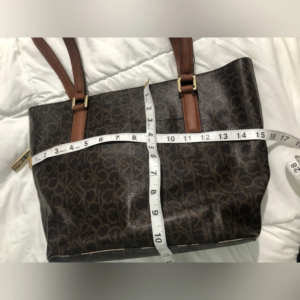 Calvin Klein Dark Brown Monogram Tote with Dual Straps